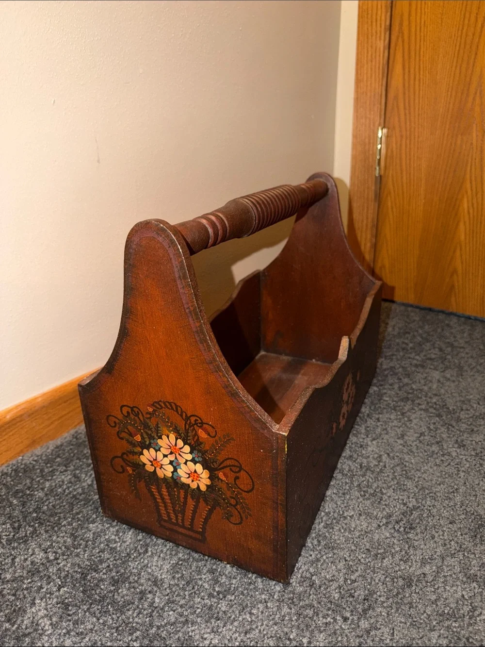 Vintage Wooden Hand-Painted Floral Caddy Storage Magazine Holder Box